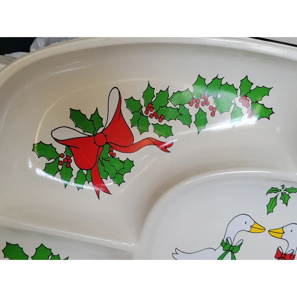 Vtg 1980s Christmas Country Geese Family Divided Serving Tray  Plastic Platter